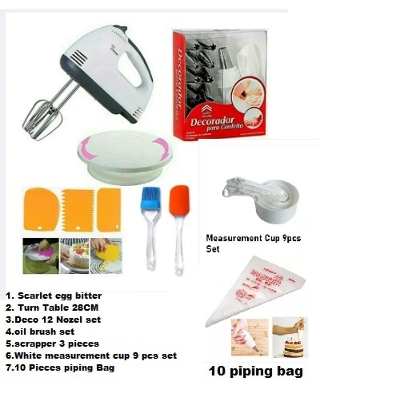 Picture of Cake Combo Scarlet Egg Bitter , Turn Table , Deco 12 Nozel , Oil Brush set , scrapper 3 pcs set , white Measurement cup set , 10 pcs piping Bag -Multicolor