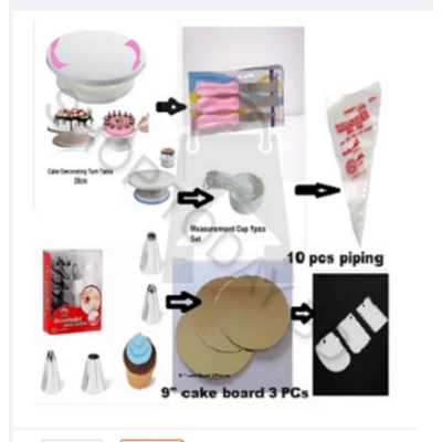 Picture of 7 A Of Combo Set Cake Decoration Turntable , 12 Pieces Steel Nozzle Set , 3 pieces planner , Measuring Spoon Set , 3 pieces Plastic Cream Scraper ,10 Pieces Pipping Bags & 3 pieces cake Board -Multicolor