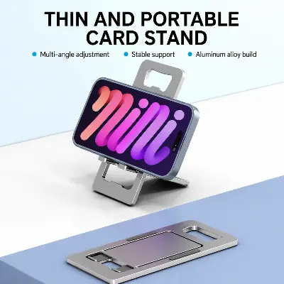 Picture of Foldable Aluminum Phone Stand Adjustable Desktop Mobile Holder – Portable Phone Stand for Office, Desk & Travel Universal Compatible (Silver)
