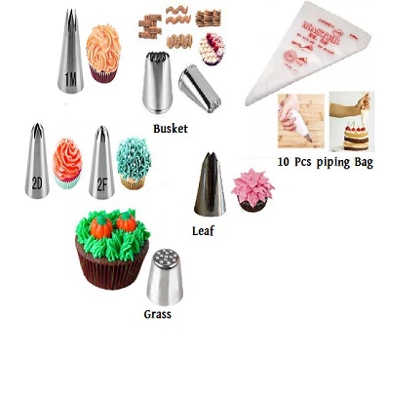 Picture of Nozel Set 1M , 2D , 2F , Leaf , Grass , Busket + 10 Pieces Piping Bag -Silver