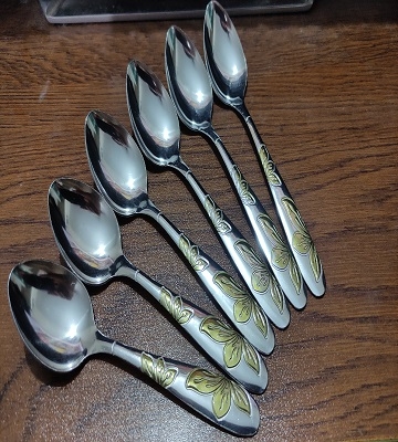 Picture of Stainless Steel Spoon Set - 6 Pcs Multi Design Silver with Golden Shade -Silver