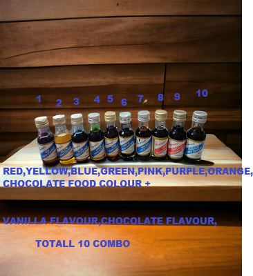 Picture of Rayners Food Colour 10 Pieces Combo pack Red , Yellow , Blue , Green , Pink , Purple  , Orange , Chocolate Food Colour + Vanilla Essence + Chocolate Food Colour Totall 10 Pieces Combo