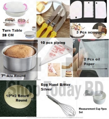 Picture of 9CX Combo Turn Table + 3 Butter Planer+3 Pcs Scrapper+7" Alu Round +10 Piping Bag+2 Pcs Oil Paper + 10"=2 Round Board+ Hand Egg Bitter Silver+ White Measurement Cup Set -Multicolor