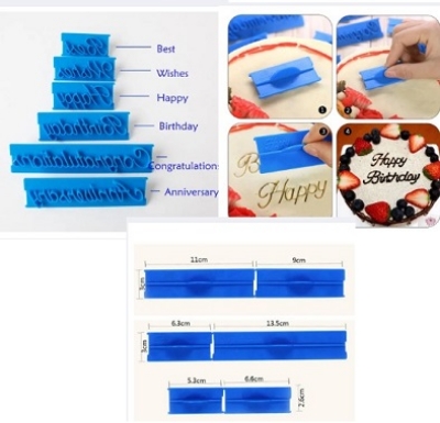 Picture of 6 pieces Cake Stamp Baking Molds Alphabet Letter Words Cookie Press Stamp Embosser Cutter Fondant Mould Happy, Birthday, Best, Wishes, Congratulations, Anniversary Material plastic -Multicolor