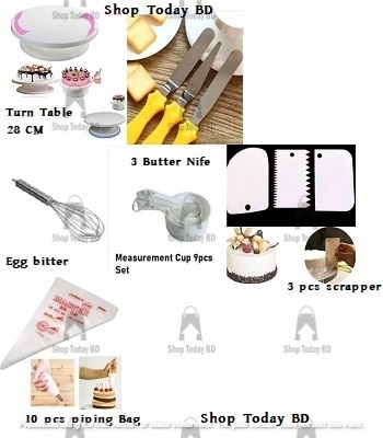 Picture of COMBO SET Turn Table 28 Cm With 3 Butter planer With Egg Bitter Silver With White M Cup set of 9 With scrapper 3 Pcs With 10 Pcs Piping Bag -Multicolor