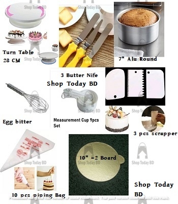 Picture of Turn Table with 3 Butter planer with white measurement cup 9 pcs set with scrapper 3 pcs with 10 piping bag with 7” Alu Round with Egg bitter Silver With 10 inches 2 Board Round -Multicolor