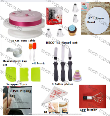 Picture of 10X Combo Turn Table, Deco set, 1 Cake Board, wmc, oil brush, 3 Butter planer, scrapper, oil paper 2 Pcs, 10 piping, Bag Hand Egg bitter -Multicolor