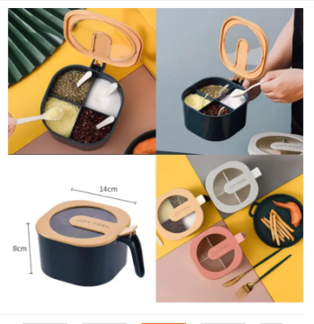 Picture of 4 in 1 Condiment Jars Seasoning Box Set Spice Storage Spice Containers with Serving Spoons Spices Storage Box Kitchen Salt Pepper Ceramic Spice Jar Set Seasoning Dispensers with Spoon -Multicolor