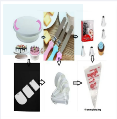Picture of 6C of cake  Combo Turntable , 12 Pieces Of Stainless Steel Nozzle Set , 3 pieces of cake planner , Measuring Spoon Cup Set , 3 pieces Plastic Cream Scraper & 10 Pieces Pipping Bags -Multicolor