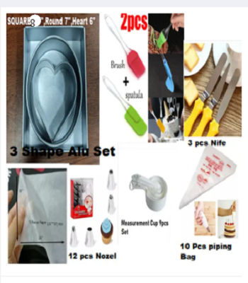 Picture of Cake Combo Set Alu 3 Set + 2 pcs Oil Brush + 3 Butter Nife + 5 Pcs Oil Paper + 12 Nozel + M Cup 9 Pcs + 10 piping Bag -Multicolor