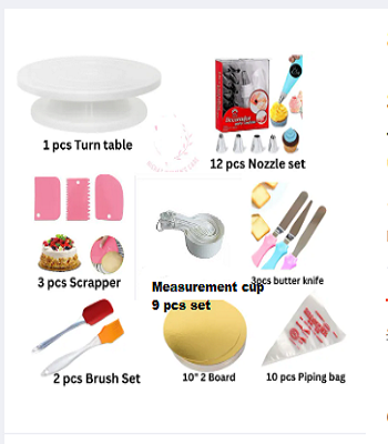 Picture of 8 in 1 Combo Set Turntable  12 Nozzles  3 Butter planer  2 Oil Brushes  9 Measuring Cups  3 Scrapers 2 Boards round 10 Inches and 10 Piping bags - Perfect for Bakers and Cake Enthusiasts Complete Cake Decorating tools Measurements -Multicolor