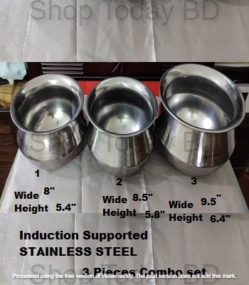 Picture of SS Hari / Patil / Handi / Deski  Combo of 3 Pieces set Induction Supported Full Stainless Steel set -Silver