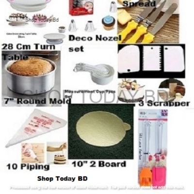 Picture of Turn Table Deco 12 Nozel set 3 Butter planer 7" Alu round Measurement cup set 3 scrapper set 10 piping bag oil brush set 10" board 2 pcs -Multicolor