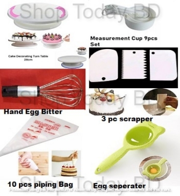 Picture of B6 Combo Turn table Measurement cup 9 pieces set 3 pieces scrapper 10 pieces piping bag egg seperater and hand egg bitter -Multicolor