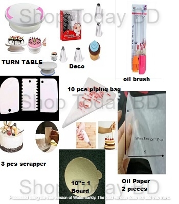 Picture of 7X Combo Turn Table Deco 12 nozel with 3 pieces Scrapper 10 piping bag oil brush set oil paper 2 pcs and 10 inches 2 pcs round board -Multicolor
