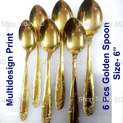 Picture of 6 Pieces Luxury Golden Stainless Steel Multi Design print Spoon Set A Touch Of Luxury To Your Dining Table With This Golden chopped Spoon Set -Golden