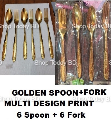 Picture of 12  Pieces 6+ 6 Luxury Golden Multi Design Print Stainless Steel 6 Spoon + 6 Fork Set A Touch Of Luxury To Your Dining Table With This Golden chopped Spoon Fork Set -Golden