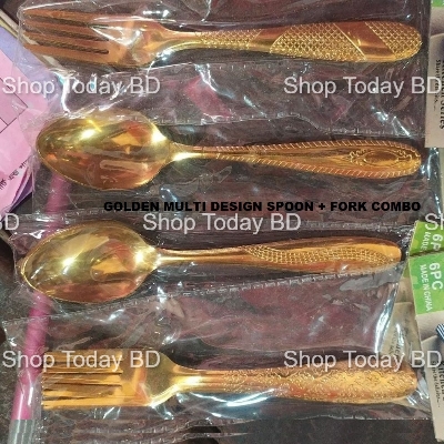 Picture of 12  Pieces 6+ 6 Luxury Golden Multi Design Print Stainless Steel 6 Spoon + 6 Fork Set A Touch Of Luxury To Your Dining Table With This Golden chopped Spoon Fork Set -Golden