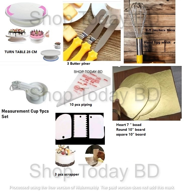 Picture of super 7C Turn Table 28 Cm , 3 Butter planer , Measurement cup set, Tsco Bitter,10 piping bag, scrapper set , 3 pcs 3 shape Board -Multicolor