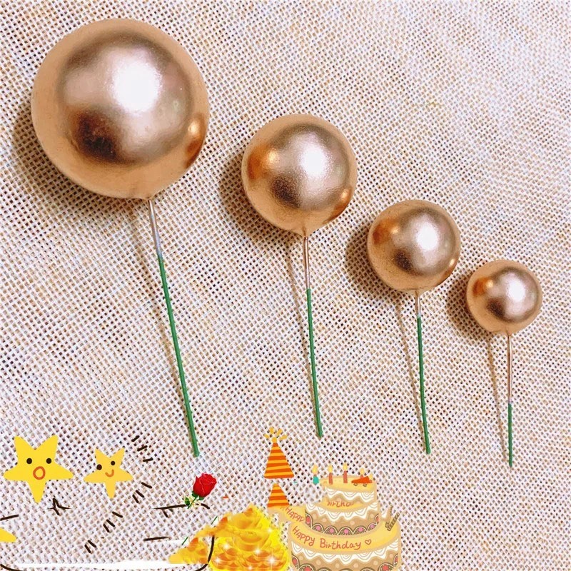 Picture of 5 Pcs Golden Topper Ball Cake Happy Birthday Party Baby Shower Cake Decoration Cake Flag Wedding Christmas Ball Decoration Supplies -Golden