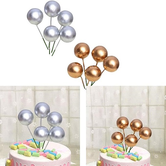 Picture of 5 Pcs Golden Topper Ball Cake Happy Birthday Party Baby Shower Cake Decoration Cake Flag Wedding Christmas Ball Decoration Supplies -Golden