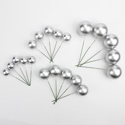 Picture of 5 Pcs silver Topper Ball Cake Happy Birthday Party Baby Shower Cake Decoration Cake Flag Wedding Christmas Ball Decoration Supplies -Silver