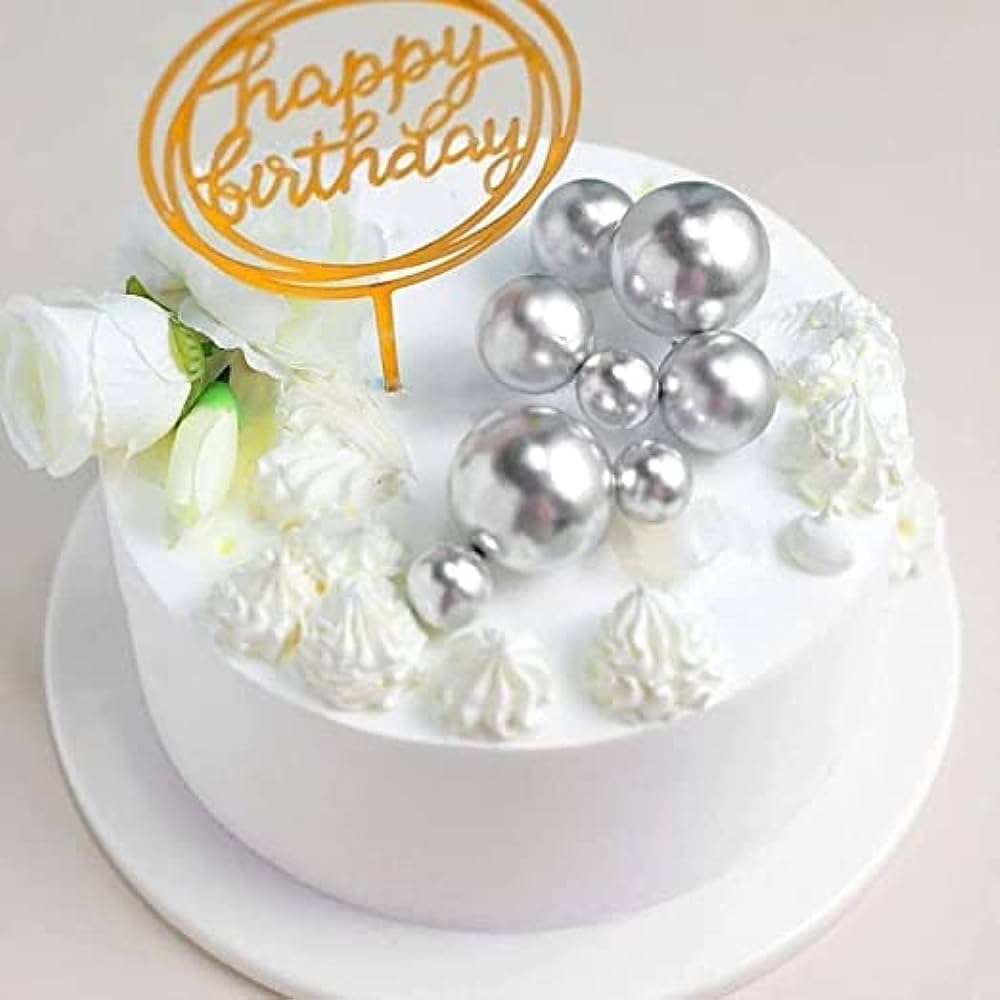 Picture of 5 Pcs silver Topper Ball Cake Happy Birthday Party Baby Shower Cake Decoration Cake Flag Wedding Christmas Ball Decoration Supplies -Silver