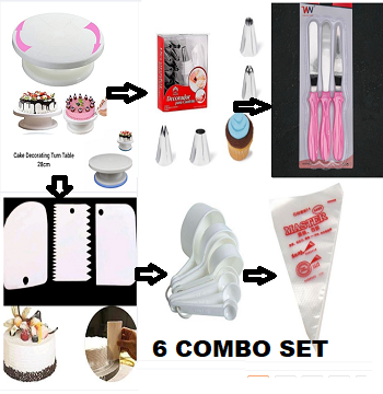 Picture of 6CX  Set Cake Decoration Turntable , 12 Pieces Of Stainless Steel Nozzle Set , 3 pieces of cake planner , Measuring Spoon Cup Set , 3 pieces Plastic Cream Scraper & 10 Pieces Pipping Bags -Multicolor