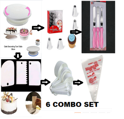 Picture of 6CX  Set Cake Decoration Turntable , 12 Pieces Of Stainless Steel Nozzle Set , 3 pieces of cake planner , Measuring Spoon Cup Set , 3 pieces Plastic Cream Scraper & 10 Pieces Pipping Bags -Multicolor