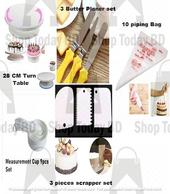 Picture of Combo Turn Table 28 CM  +3 Butter planer set + 3 pcs Scrapper + White 9 pcs Measurement cup set + 10 Pieces Piping Bag -Multicolor