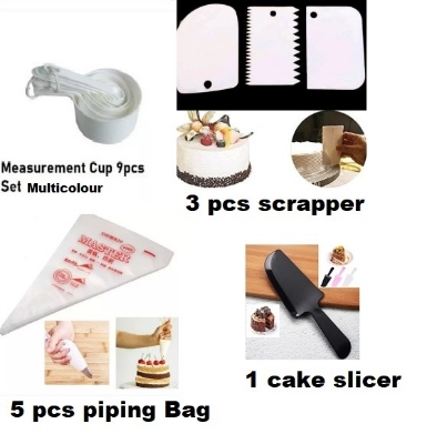 Picture of Combo  of 4 Measurement 9 pcs cup set  + scrapper 3 pcs set + 5 pcs piping bag + cake slicer -Multicolor