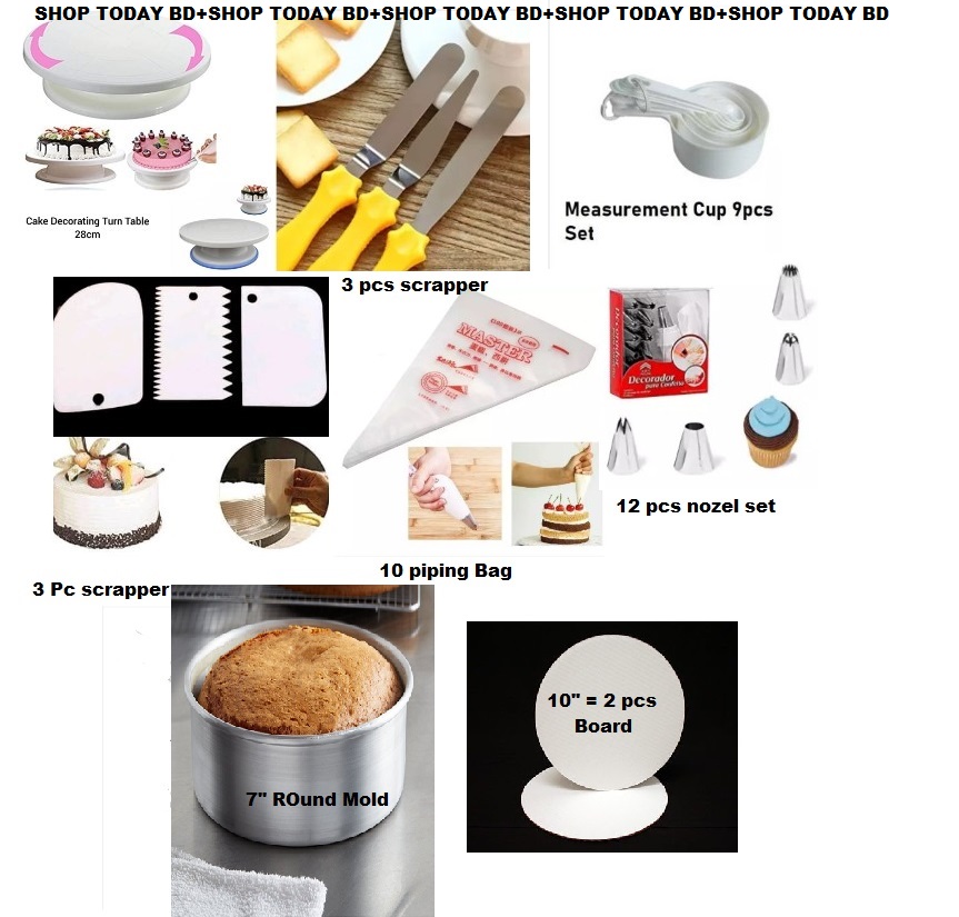 Picture of 8pX Combo Turn Table Full , 12 Deco Nozel , 3 Butter spread , 7" Round Mold , White M Cup set , 3 Scrapper , 10 piping Bag , 10" Cake Board 2 Pcs -Multicolor