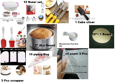 Picture of COMBO Cake BAking 11CX Turn Table , Deco Nozel , 3 butter planer , oil brush & Spatula set , 7" Alu round , Measurement cup set , scrapper , piping 10 pcs , oil paper 2 pcs , 10"= 1 board  , cake slicer -Multicolor