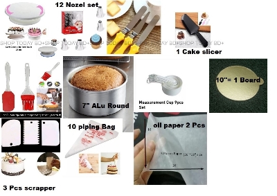 Picture of COMBO Cake BAking 11CX Turn Table , Deco Nozel , 3 butter planer , oil brush & Spatula set , 7" Alu round , Measurement cup set , scrapper , piping 10 pcs , oil paper 2 pcs , 10"= 1 board  , cake slicer -Multicolor