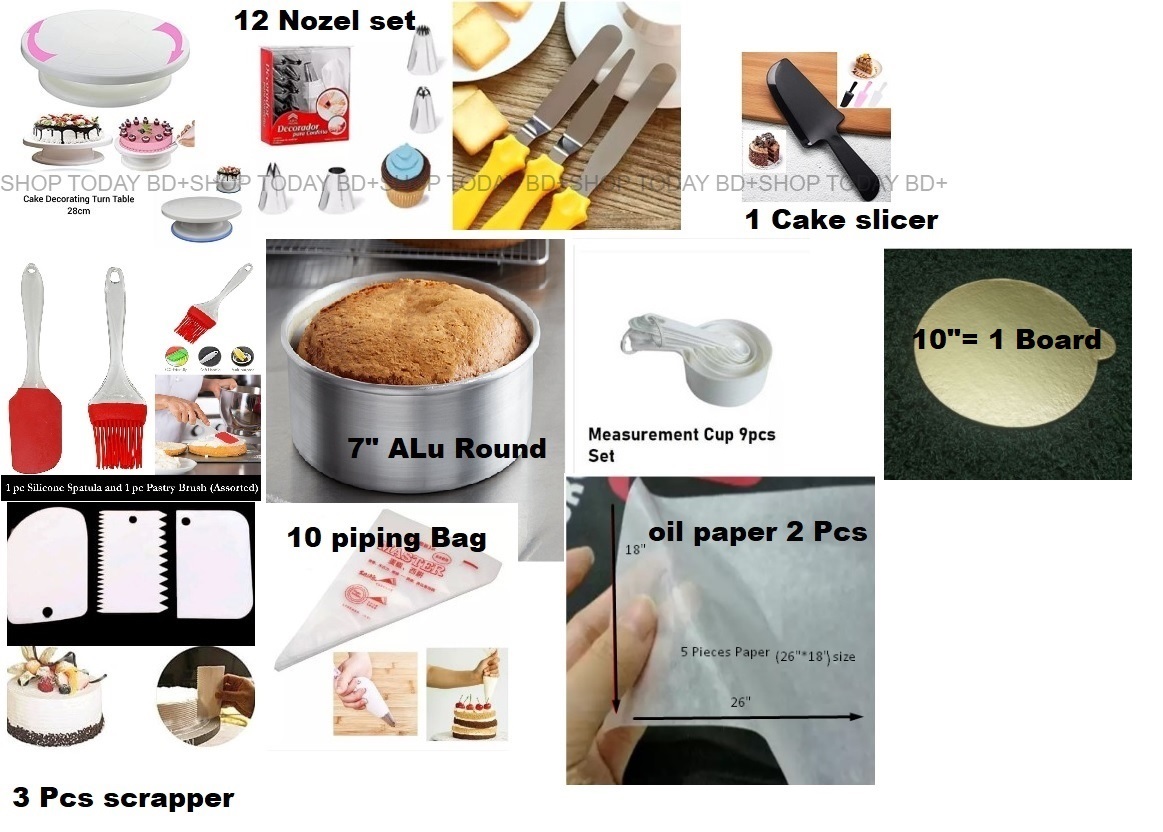 Picture of COMBO Cake BAking 11CX Turn Table , Deco Nozel , 3 butter planer , oil brush & Spatula set , 7" Alu round , Measurement cup set , scrapper , piping 10 pcs , oil paper 2 pcs , 10"= 1 board  , cake slicer -Multicolor