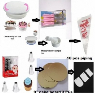 Picture of 7 A Combo Set Cake Decoration Turntable , 12 Pieces Steel Nozzle Set , 3 pieces planner , Measuring Spoon Set , 3 pieces Plastic Cream Scraper ,10 Pieces Pipping Bags & 3 pieces cake Board -Multicolor