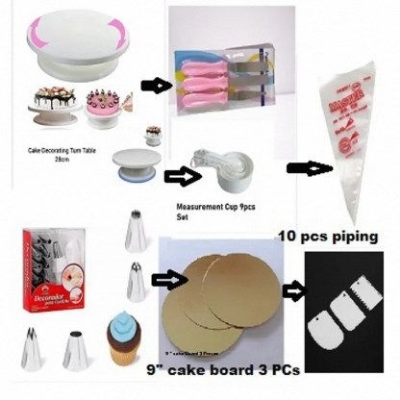 Picture of 7 A Combo set of cake decoration tools includes a turntable, 12 steel nozzles, 3 planners, a measuring spoon set, 3 plastic cream scrapers, 10 piping bags, and 3 cake boards -Multicolor