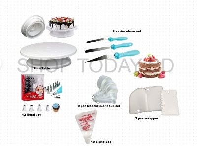 Picture of 6XC Cake Decoration Turntable , 12 Pieces Of Stainless Steel Nozzle Set , 3 pieces of cake planner , Measuring Spoon Cup Set , 3 pieces Plastic Cream Scraper & 10 Pieces Pipping Bags -Multicolor