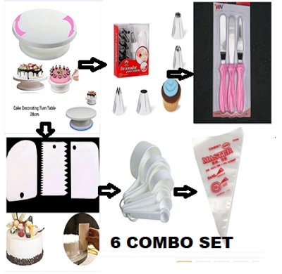 Picture of 6XC Cake Decoration Turntable , 12 Pieces Of Stainless Steel Nozzle Set , 3 pieces of cake planner , Measuring Spoon Cup Set , 3 pieces Plastic Cream Scraper & 10 Pieces Pipping Bags -Multicolor