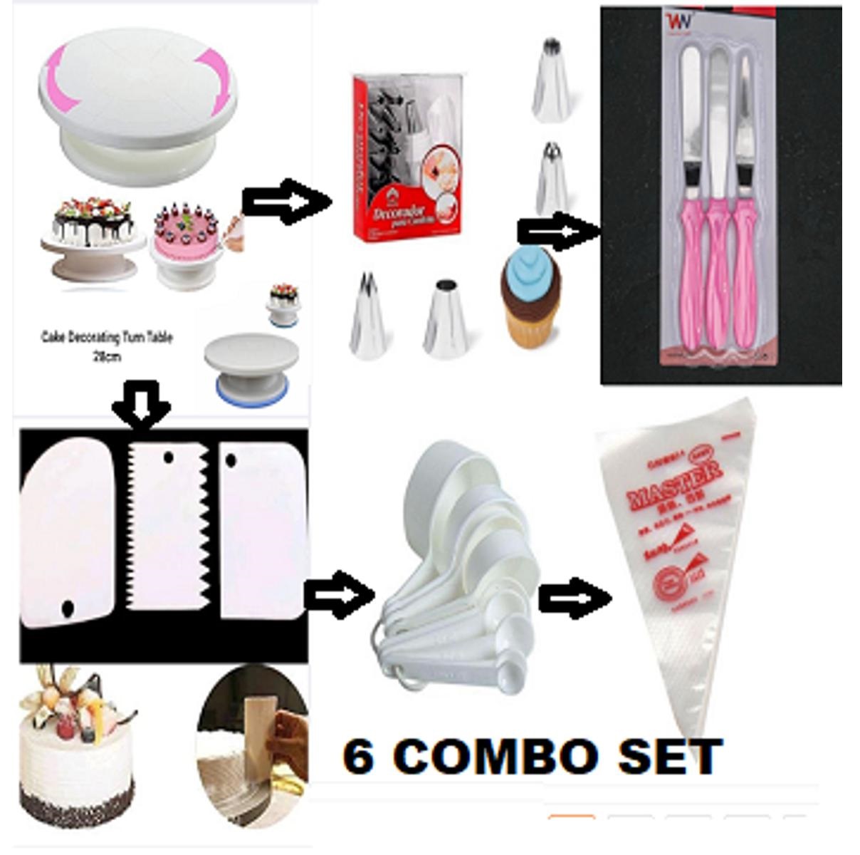 Picture of 6XC Cake Decoration Turntable , 12 Pieces Of Stainless Steel Nozzle Set , 3 pieces of cake planner , Measuring Spoon Cup Set , 3 pieces Plastic Cream Scraper & 10 Pieces Pipping Bags -Multicolor