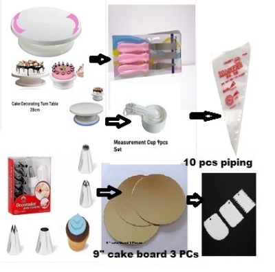 Picture of 7XA Set Cake Decoration Turntable , 12 Pieces Steel Nozzle Set , 3 pieces planner , Measuring Spoon Set , 3 pieces Plastic Cream Scraper ,10 Pieces Pipping Bags & 3 pieces cake Board -Multicolor