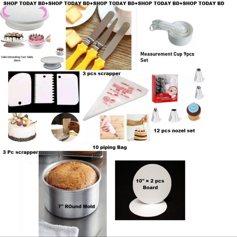 Picture of 8X 6c Combo Turn Table , 12 Deco Nozel , 3 Butter spread , 7" Round Mold , White M Cup set , 3 Scrapper , 10 piping Bag , 10" Cake Board 2 Pcs Combo -Multicolor