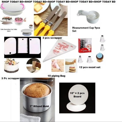 Picture of 8X 6c Combo Turn Table , 12 Deco Nozel , 3 Butter spread , 7" Round Mold , White M Cup set , 3 Scrapper , 10 piping Bag , 10" Cake Board 2 Pcs Combo -Multicolor