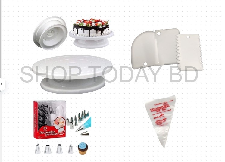 Picture of 4XP Cake Decorating Turntable - 28 cm +12 pieces Cake decoration Nozzle set + 10 Piping Bags + 3 pcs scrapper combo of 4 -Multicolor