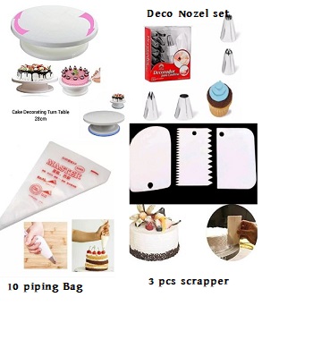 Picture of 4XP Cake Decorating Turntable - 28 cm +12 pieces Cake decoration Nozzle set + 10 Piping Bags + 3 pcs scrapper combo of 4 -Multicolor