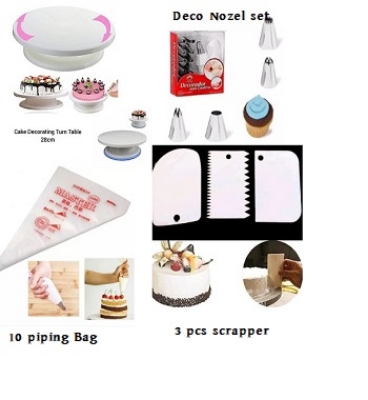 Picture of 4XP Cake Decorating Turntable - 28 cm +12 pieces Cake decoration Nozzle set + 10 Piping Bags + 3 pcs scrapper combo of 4 -Multicolor