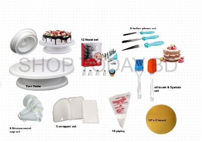 Picture of 8X  6C Combo Cake Turn Table + 12 & 3 Nozel Set + 3 Nife + 2 Oil Brush + 9 M set Cup + 3 Scrapper + 10" 2 Board + 10 Piping Bag Combo -Multicolor