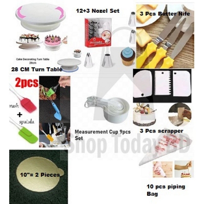 Picture of 8X  6C Combo Cake Turn Table + 12 & 3 Nozel Set + 3 Nife + 2 Oil Brush + 9 M set Cup + 3 Scrapper + 10" 2 Board + 10 Piping Bag Combo -Multicolor