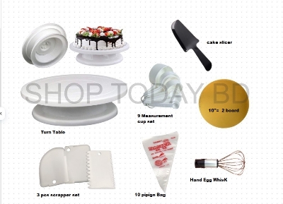 Picture of Combo of Turn Table + Measurement cup set + scrapper set + 10 piping bag +10"= 1 round board + cake slicer And Hand egg whisk -Multicolor