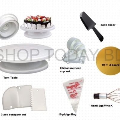 Picture of Combo of Turn Table + Measurement cup set + scrapper set + 10 piping bag +10"= 1 round board + cake slicer And Hand egg whisk -Multicolor